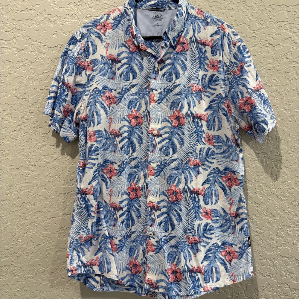 Izod Saltwater Relaxed Classics Blue and Pink Floral Men's Shirt Large
